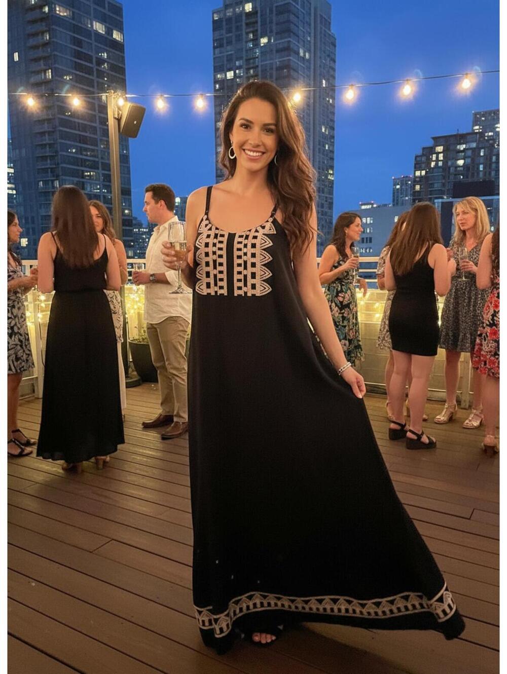 THML Elegant Black Maxi Dress with Beige Embroidered Detailing M
